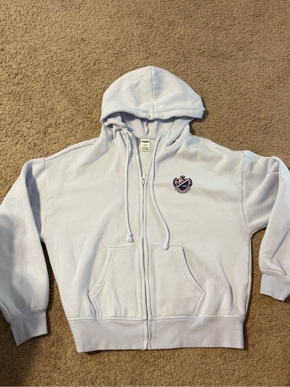 PINK Victoria's Secret Light Lavender Zip-Up Hoodie with Crest Patch